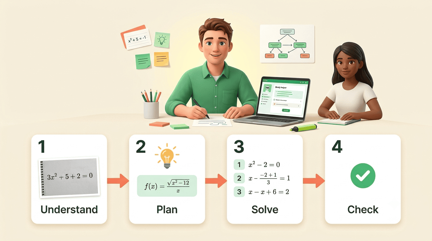 Four-step diagram of an AI math helper: understand, plan, solve, check