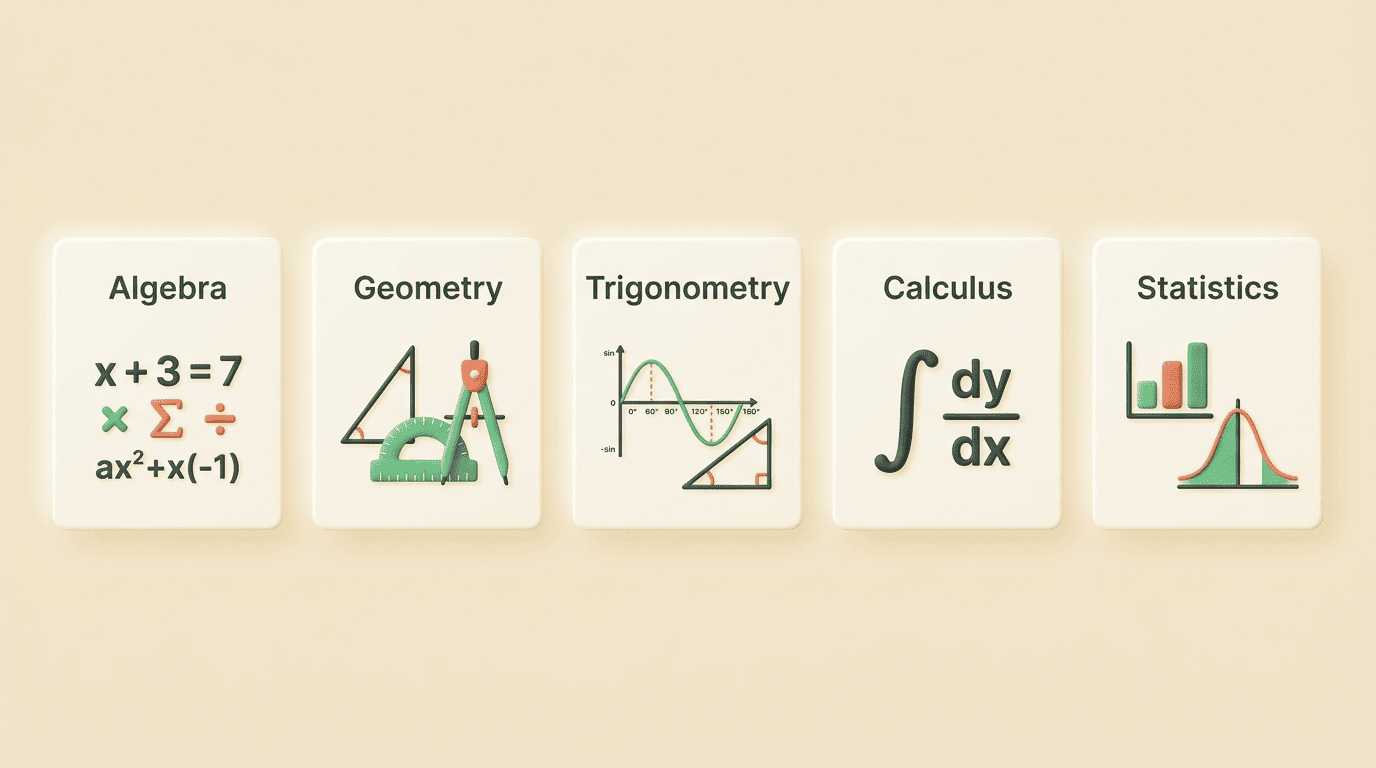 Topic coverage cards: algebra, geometry, trigonometry, calculus, statistics