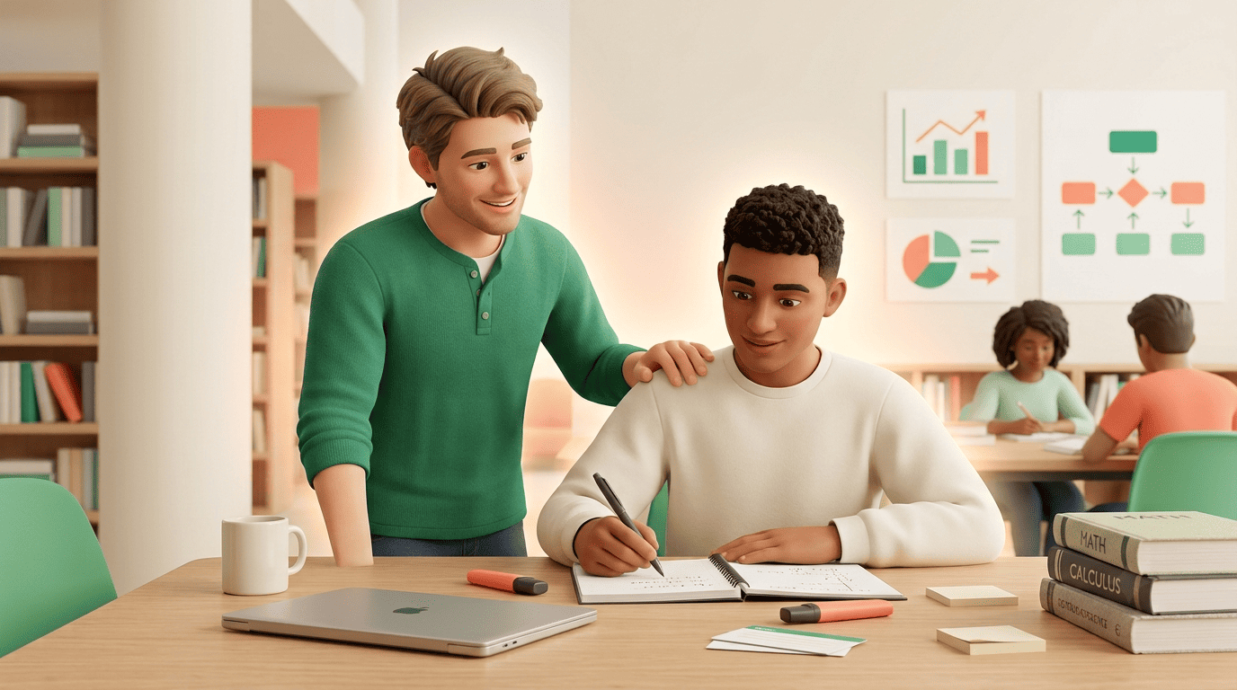 A tutor watching a student redo a math problem by hand after reading the worked solution