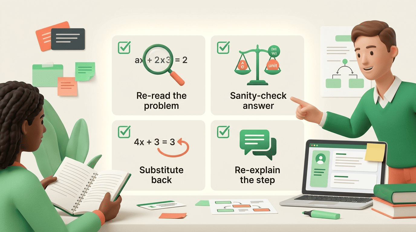 Four-point checklist to verify an AI math solution: re-read, sanity-check, substitute back, re-explain