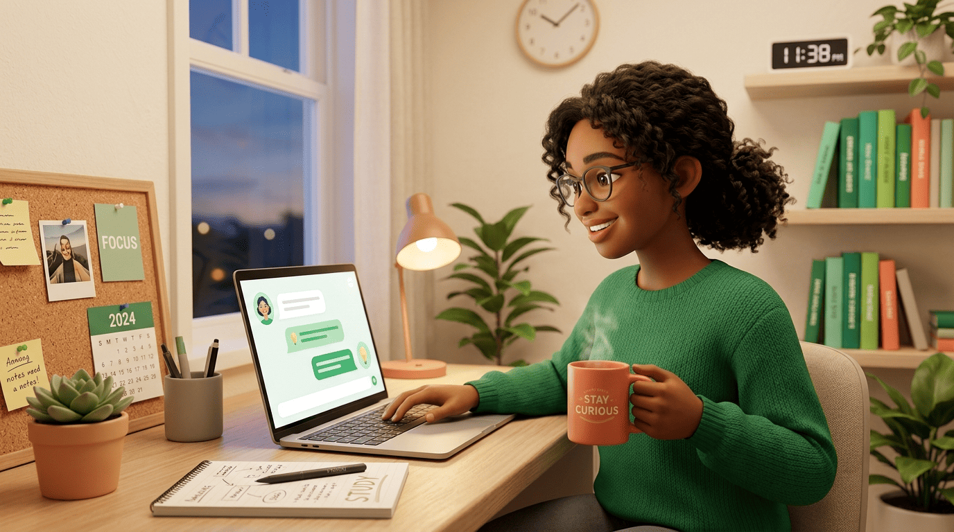 Student studying late at night, chatting with a friendly AI study companion app on a laptop