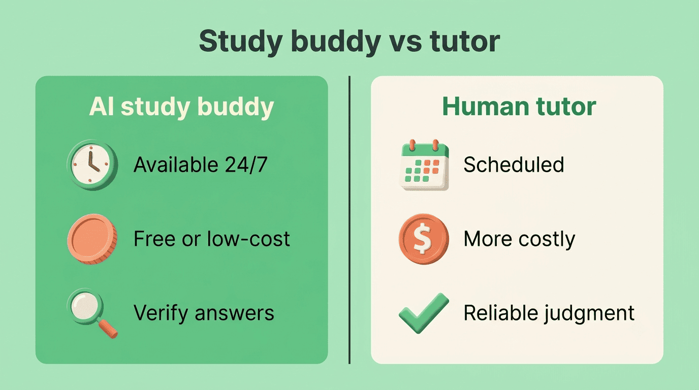 Comparison of an AI study buddy versus a human tutor across availability, cost, and reliability