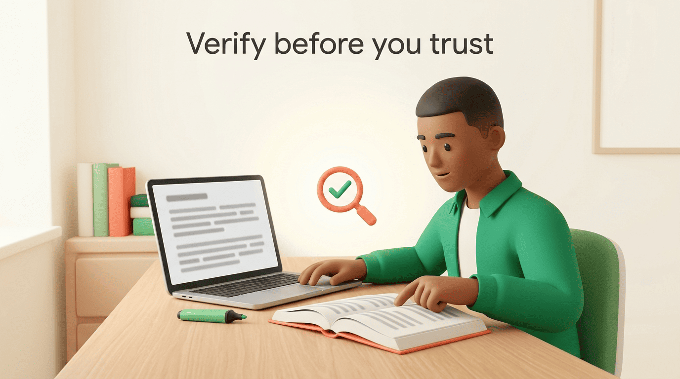 Student cross-checking an AI answer on a laptop against an open printed textbook