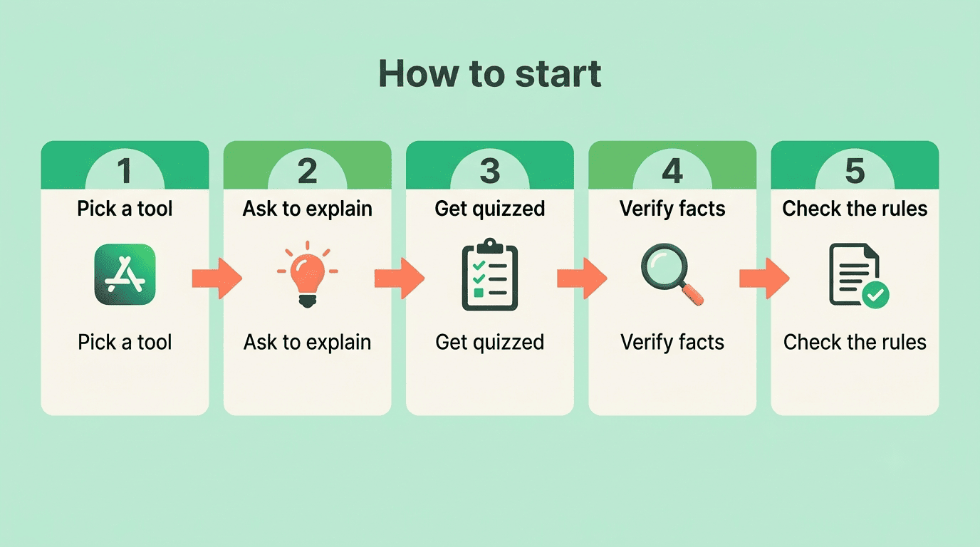 Five-step guide to start with an AI study buddy: pick a tool, ask to explain, get quizzed, verify facts, check the rules