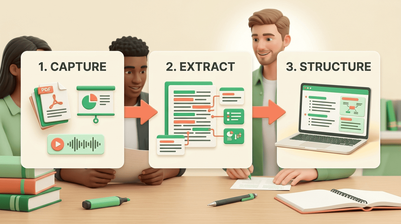 Three-step diagram: capture a PDF, lecture slide or audio, extract key concepts, structure them into notes
