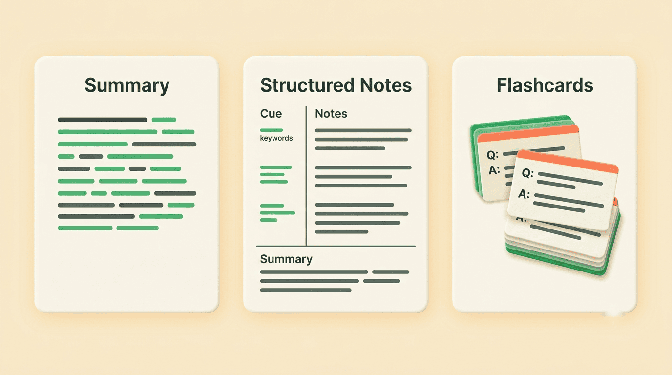 Side-by-side comparison of a summary, Cornell-style structured notes, and a stack of Q&A flashcards