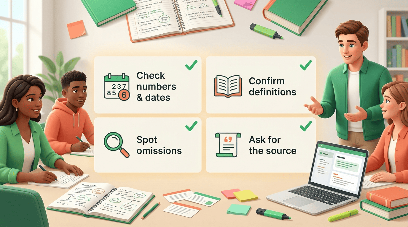 Four-point checklist: check numbers and dates, confirm definitions, spot omissions, ask for the source