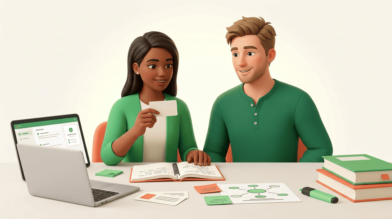 A tutor and a student at a desk quizzing themselves with a flashcard beside a laptop and notes