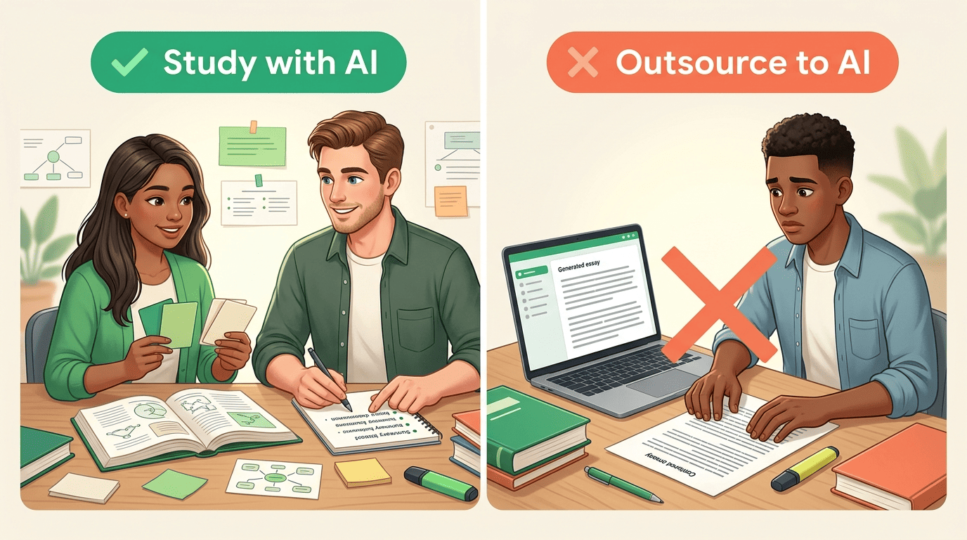 Split comparison: studying with AI by self-testing versus outsourcing a graded essay to AI