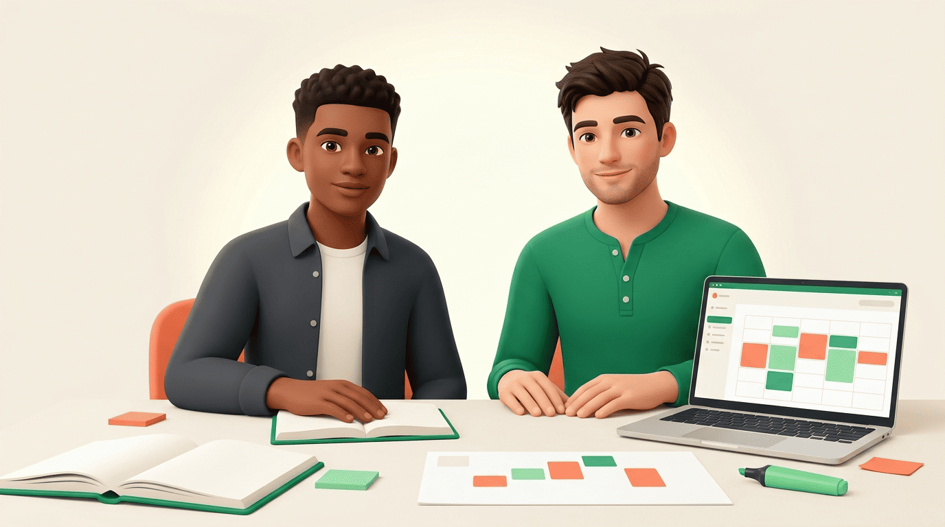 A study coach and student reviewing an AI-built weekly study schedule with colored time blocks on a laptop