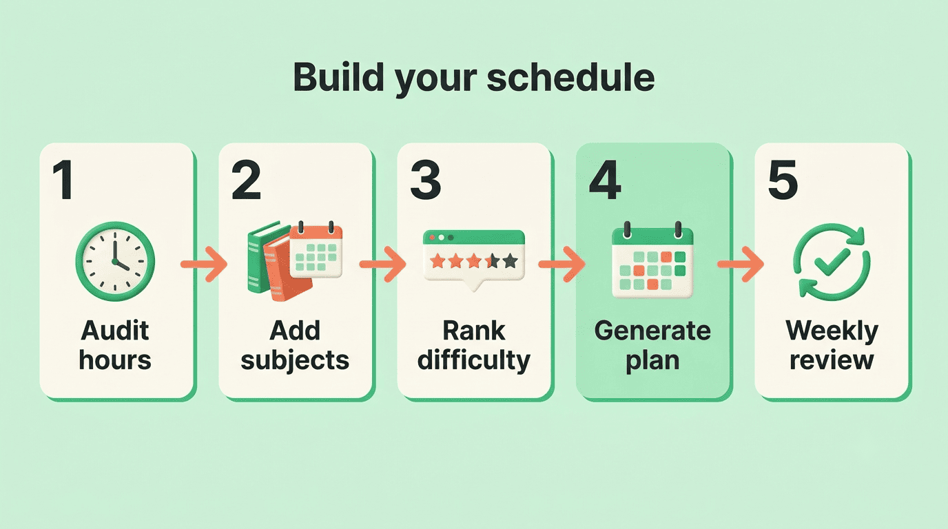 Five-step process to build a study schedule with AI: audit hours, add subjects, rank difficulty, generate plan, weekly review