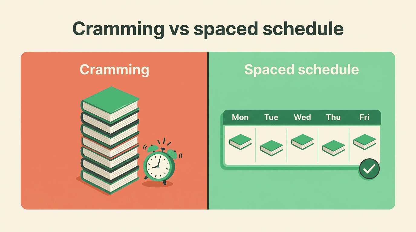Comparison of cramming the night before versus a spaced schedule with study blocks spread across Monday to Friday