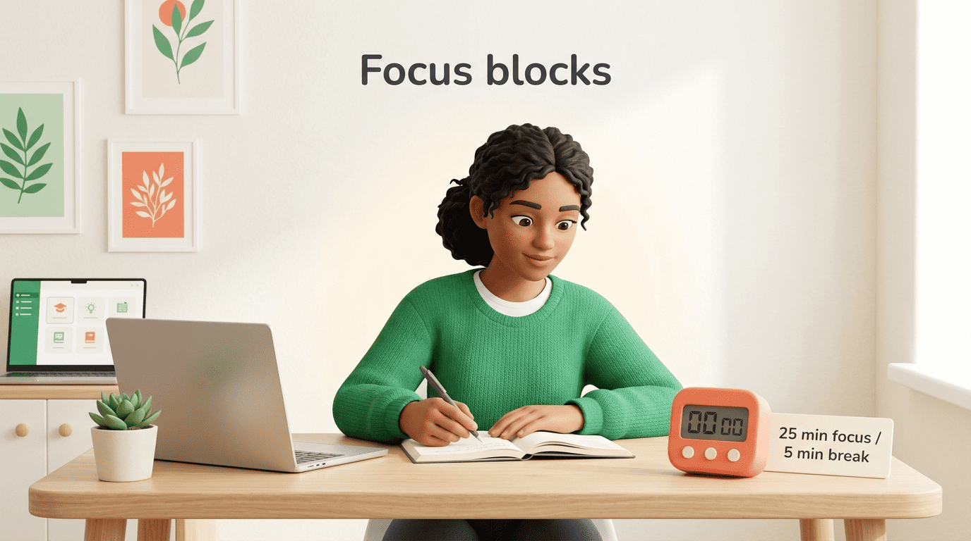Student studying with a timer set to a focus block labeled 25 minutes focus, 5 minutes break