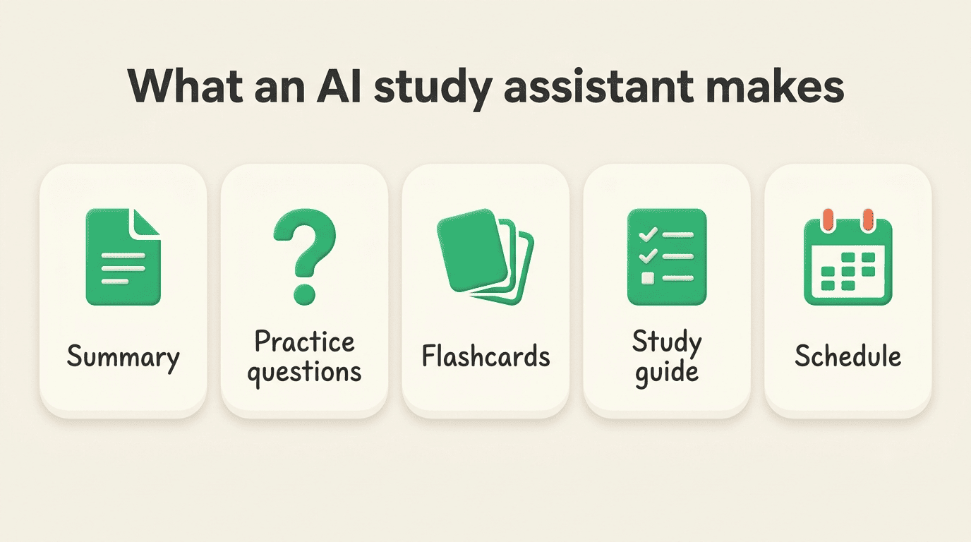 Five cards showing what an AI study assistant makes: summary, practice questions, flashcards, study guide, schedule