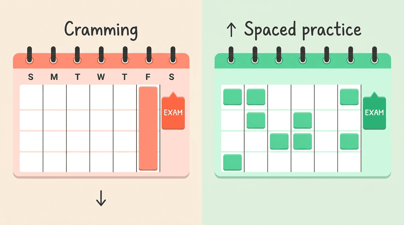 Two week calendars: cramming crams one block before the exam, spaced practice spreads small sessions across days