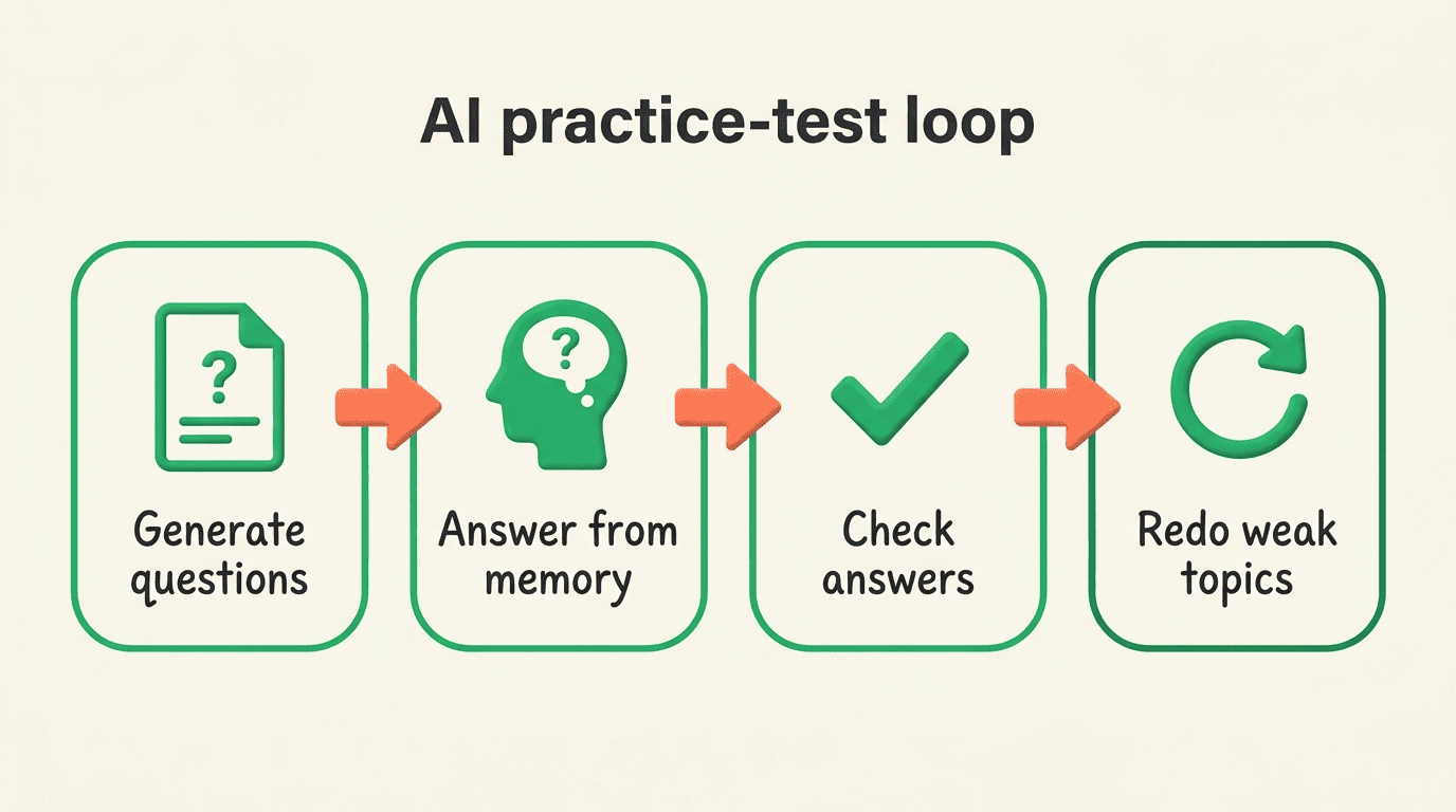 Four-step AI practice-test loop: generate questions, answer from memory, check answers, redo weak topics