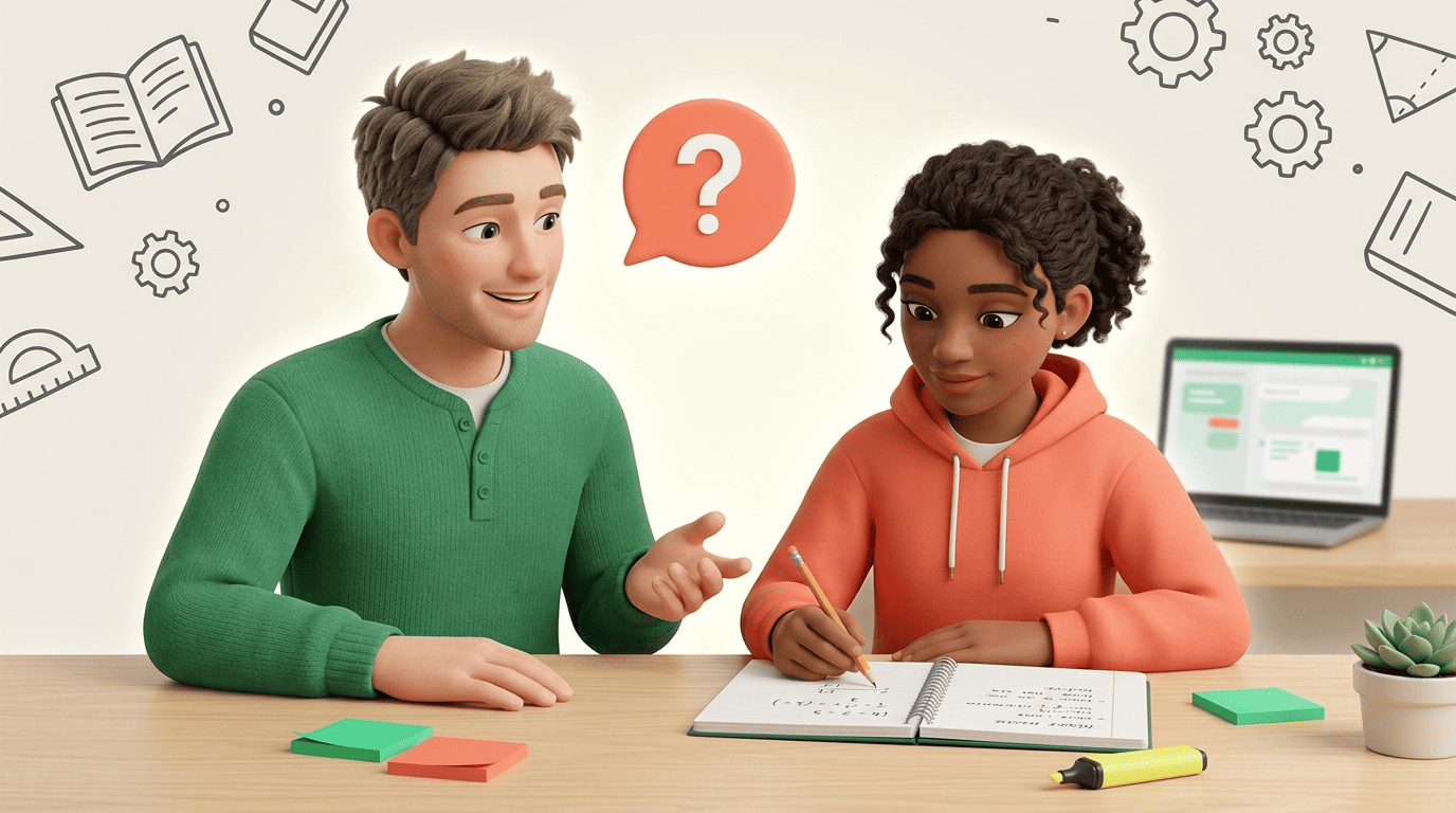 A tutor asks a guiding question while a student works a problem in a notebook, an AI study interface on the laptop