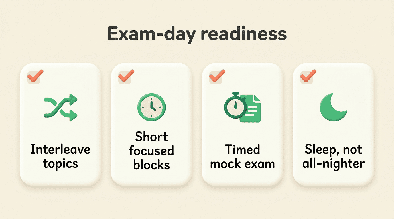 Exam-day readiness checklist: interleave topics, short focused blocks, timed mock exam, sleep not an all-nighter