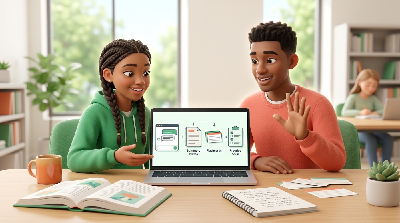 An AI study assistant turning a question into a clear explanation, study notes, flashcards, and exam practice