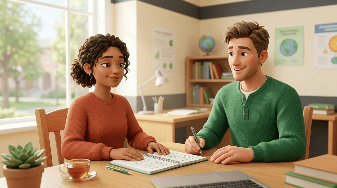 A calm, focused student breathing slowly at a tidy desk while a friendly tutor sits supportively beside her