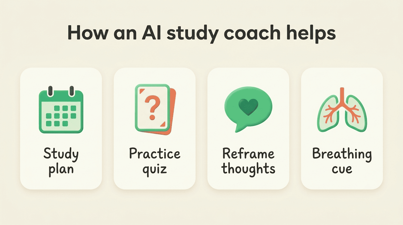 Four ways an AI study coach helps: study plan, practice quiz, reframe thoughts, breathing cue