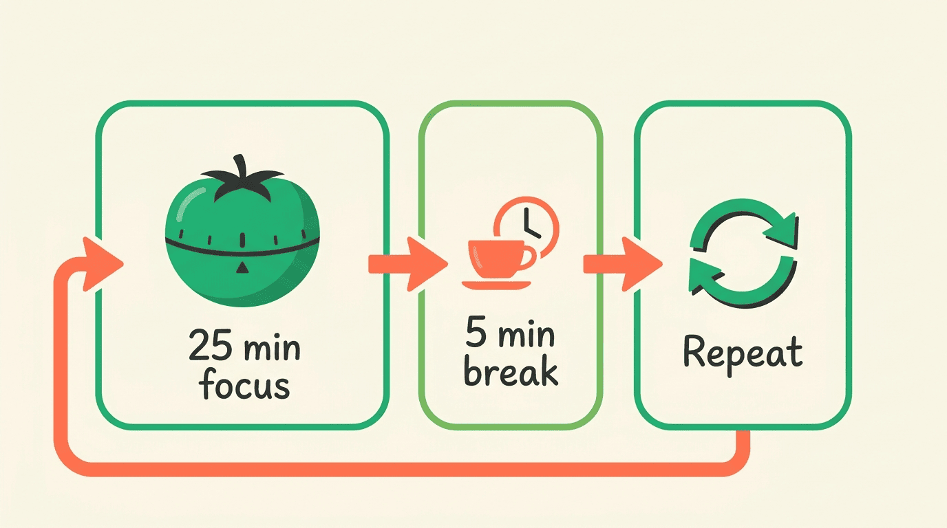 Pomodoro focus cycle: 25 minutes of focus, a 5-minute break, then repeat