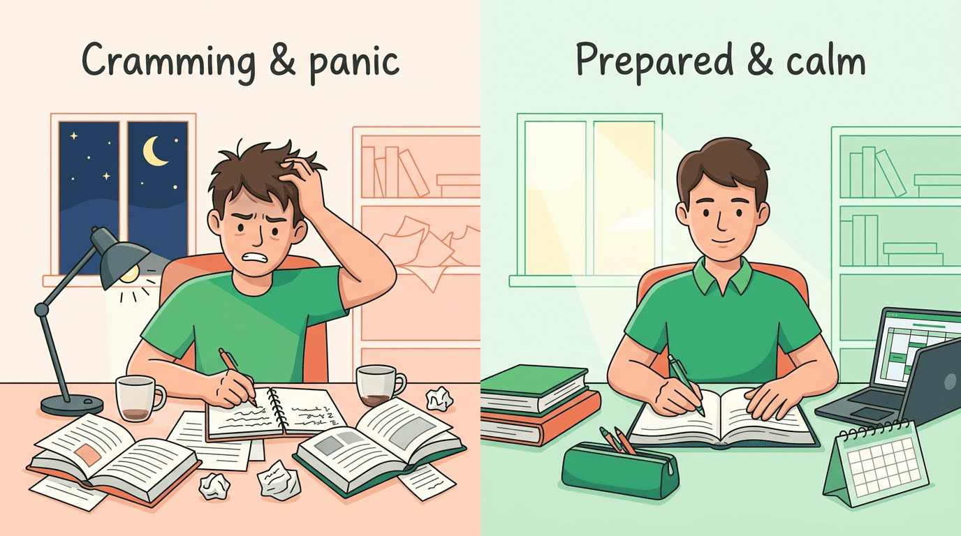 Split image contrasting a stressed student cramming at night with the same student prepared and calm in daylight