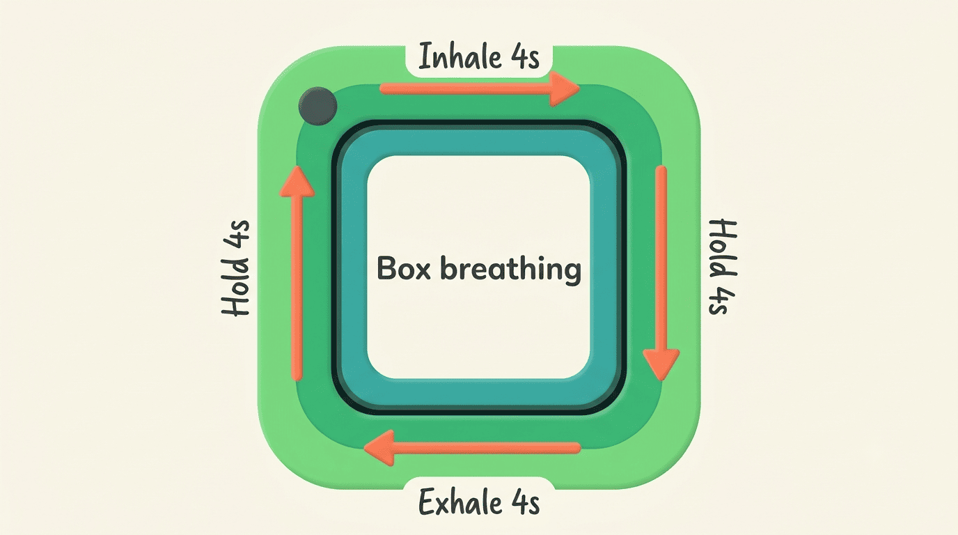 Box breathing diagram: inhale 4 seconds, hold 4, exhale 4, hold 4, tracing a square