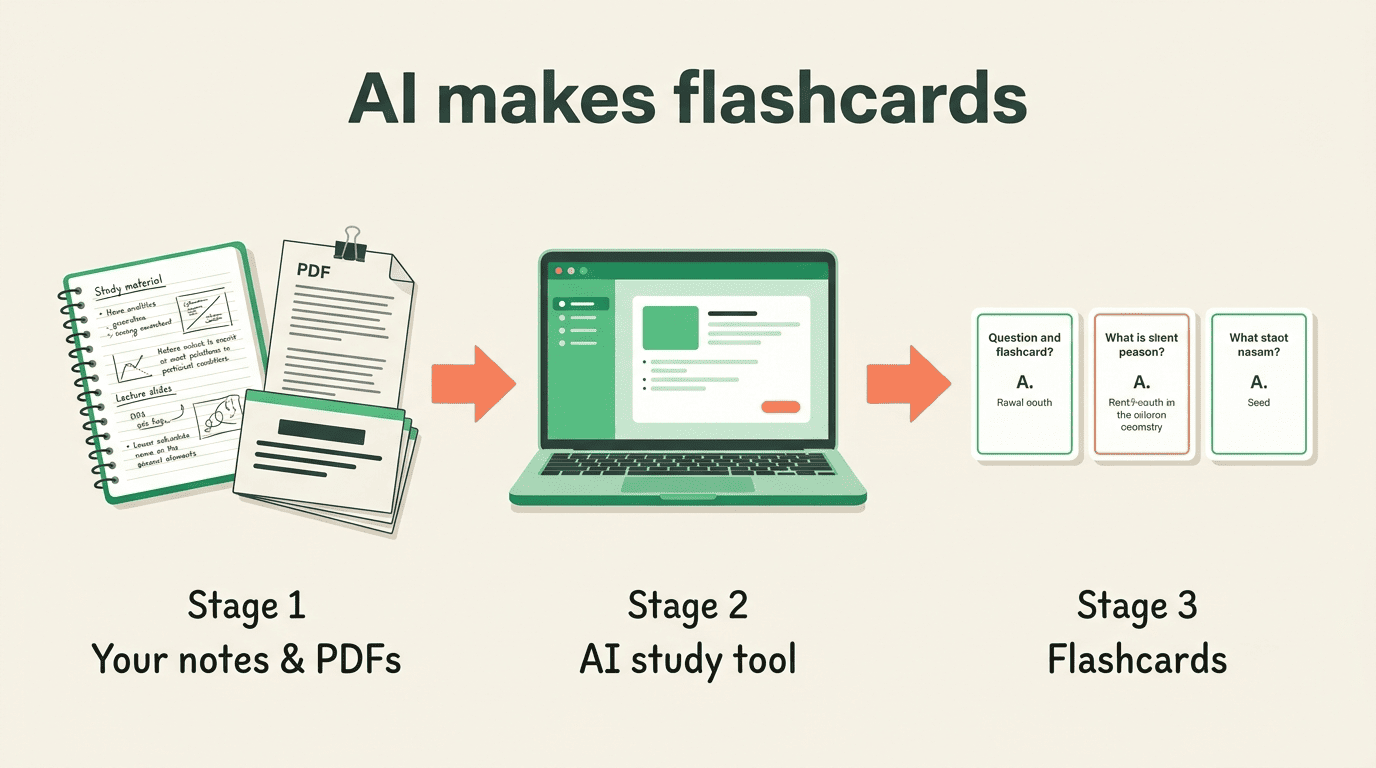 Three-stage diagram: notes and PDFs feed an AI study tool that outputs question-and-answer flashcards