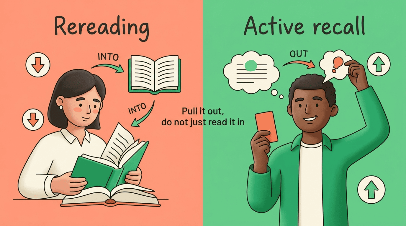 Split comparison: rereading pushes information into a book, active recall pulls an answer out of memory