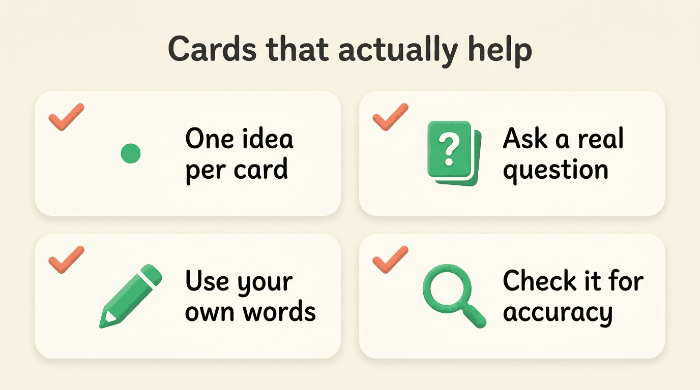 Checklist of four rules for good flashcards: one idea per card, ask a real question, use your own words, check for accuracy