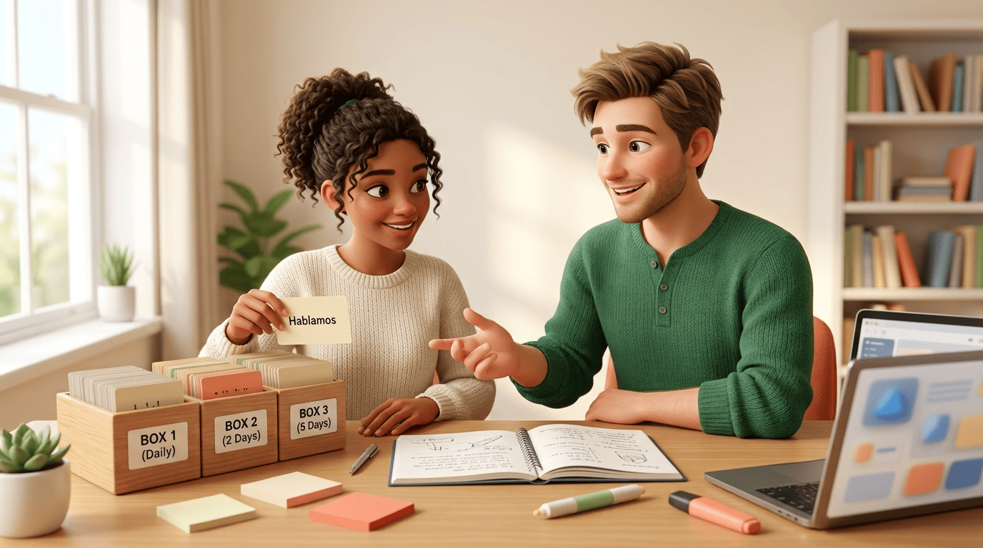 A tutor coaches a student reviewing flashcards sorted into Leitner boxes labeled daily, 2 days, and 5 days