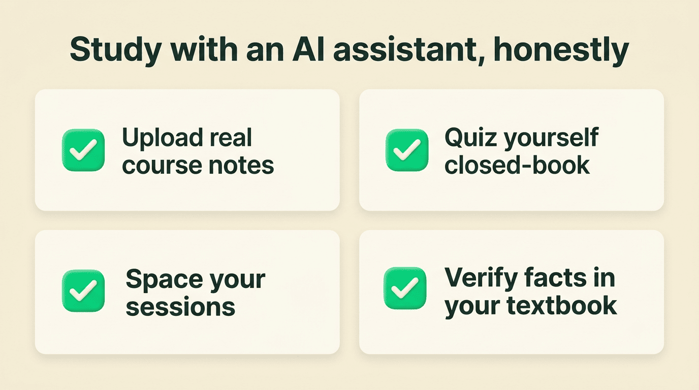Checklist: upload real notes, quiz yourself closed-book, space your sessions, verify facts in your textbook