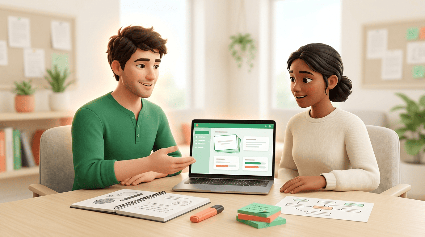An AI study coach and a student reviewing AI-generated flashcards and a quiz on a laptop