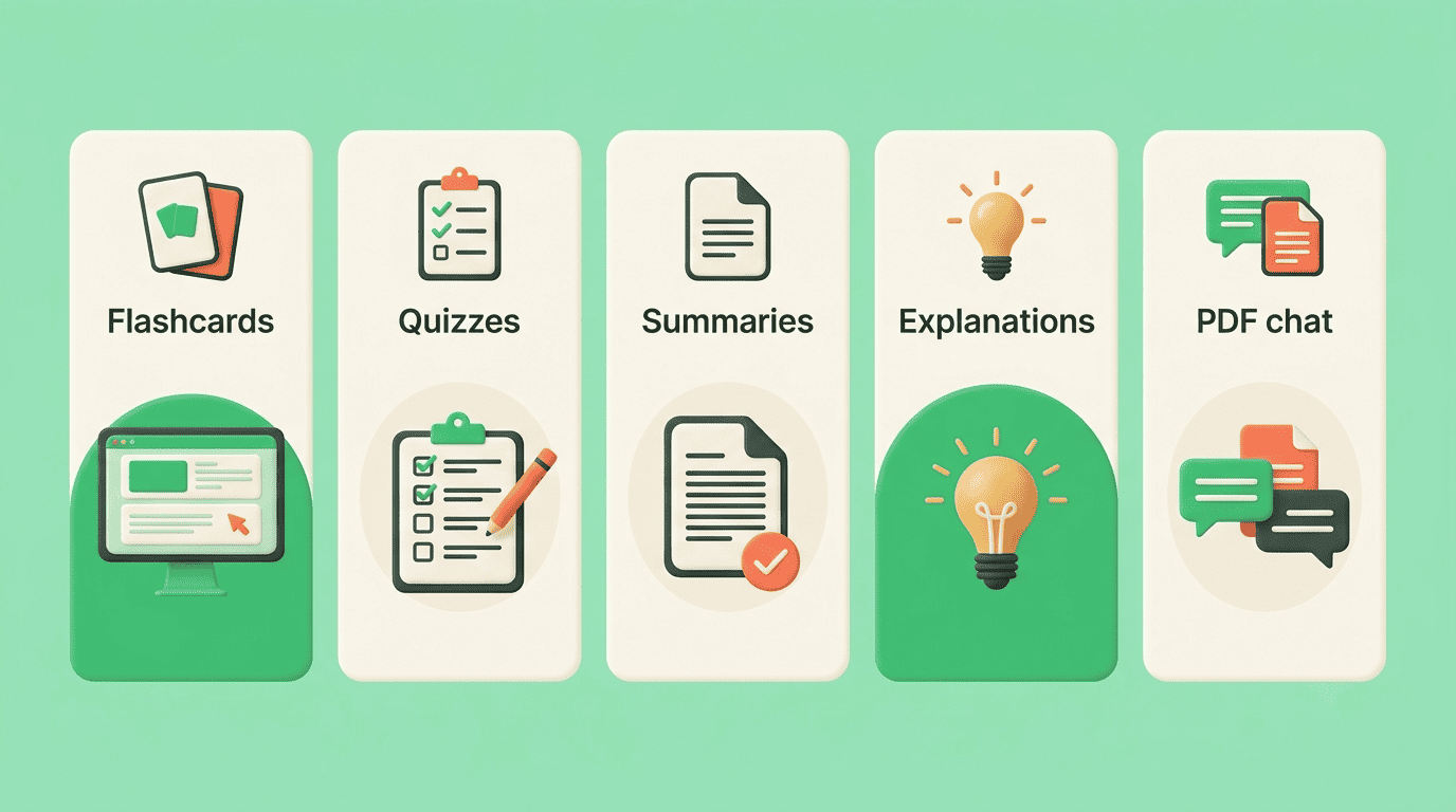 Grid of AI study tool features: flashcards, quizzes, summaries, explanations and PDF chat