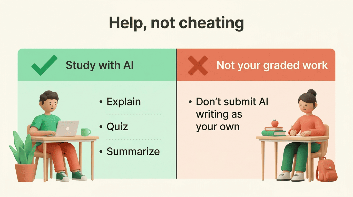 Split comparison: study with AI by explaining, quizzing and summarizing versus not submitting AI writing as your own