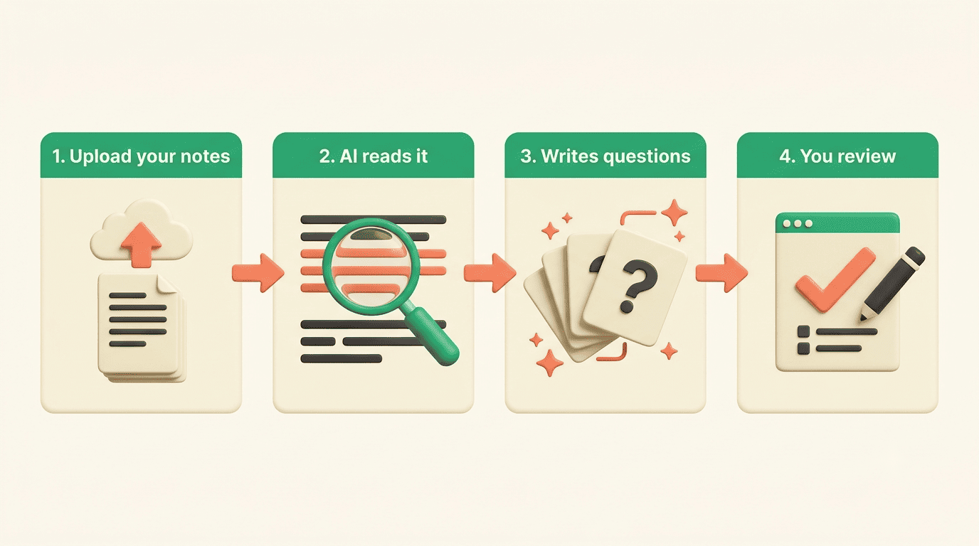 Four-step flow: upload your notes, AI reads it, writes questions, you review