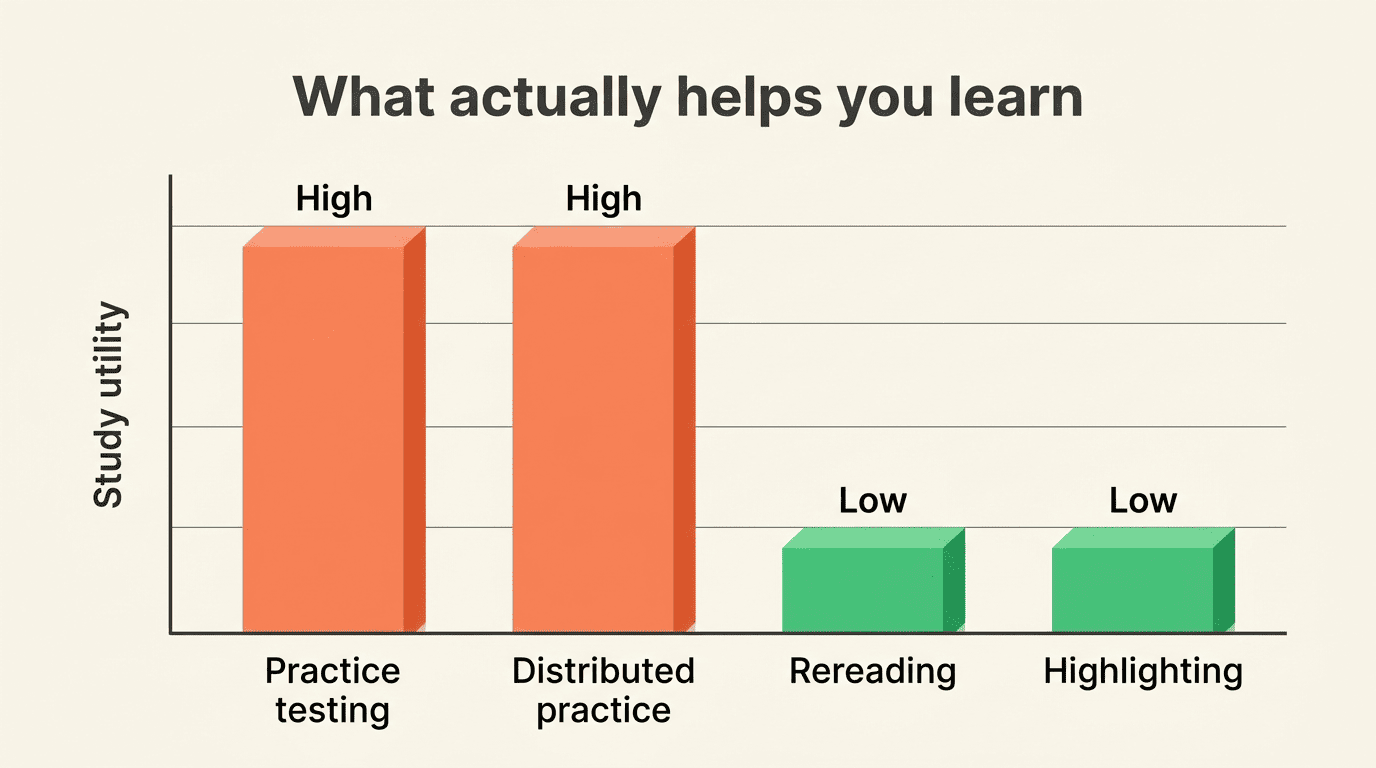 Bar chart: practice testing and distributed practice rated high utility, rereading and highlighting low