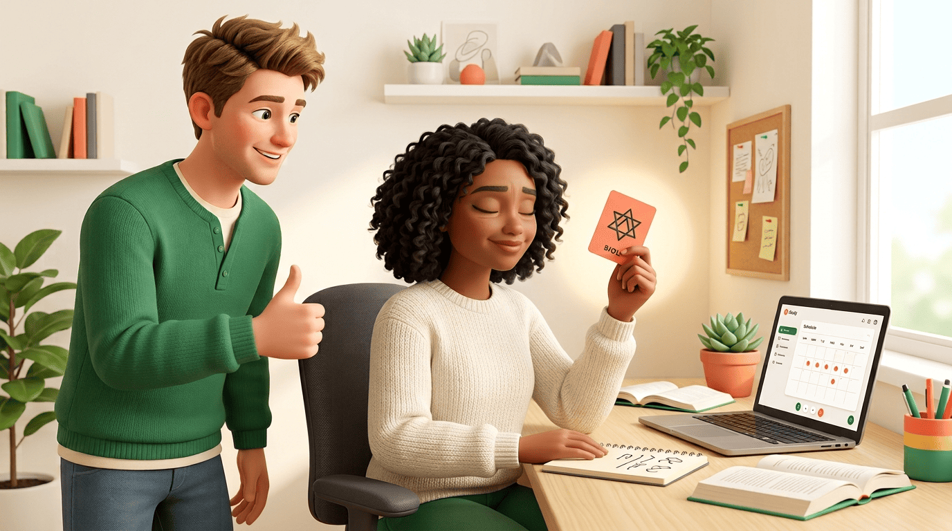 A student recalling a flashcard from memory while an AI tool tracks a review schedule