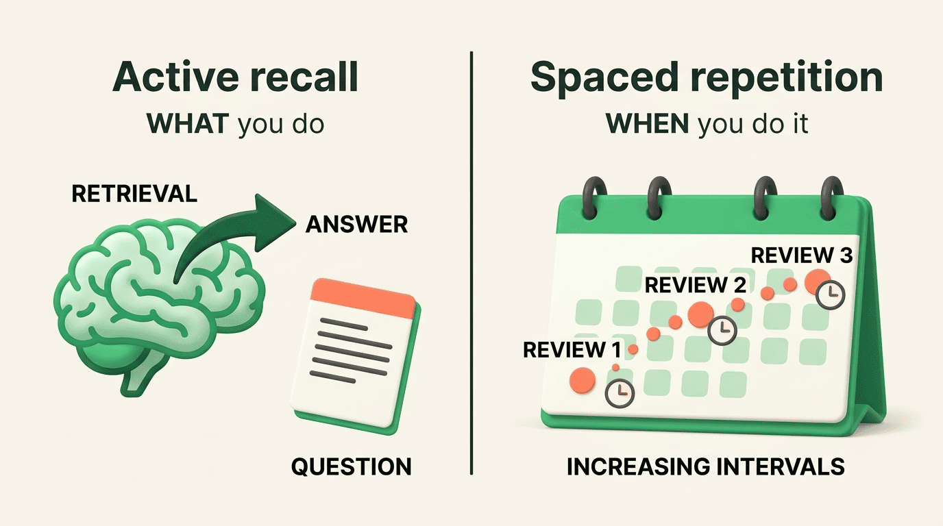 Split diagram: active recall is what you do, spaced repetition is when you do it