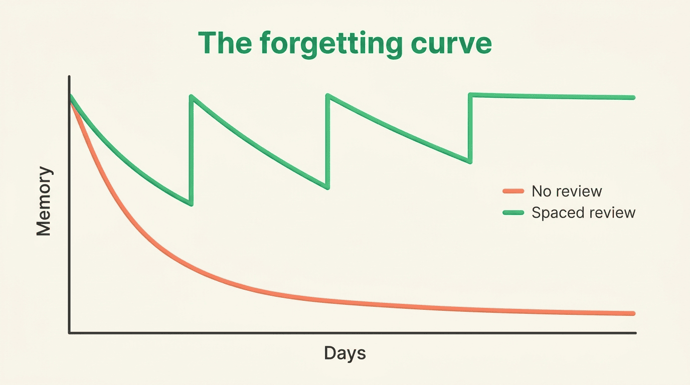 Forgetting curve chart: memory decays without review but each spaced review resets it higher