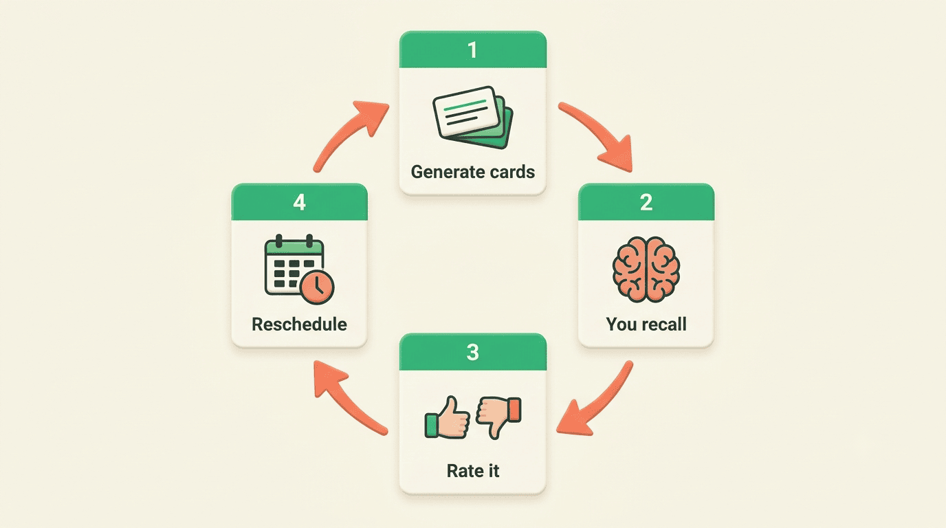 Circular loop: generate cards, you recall, rate it, reschedule